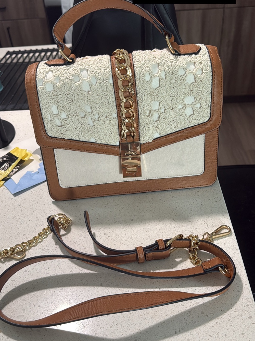 Aldo Cream and Tan Lace-Trim Top-Handle Shoulder Bag with Gold Chain